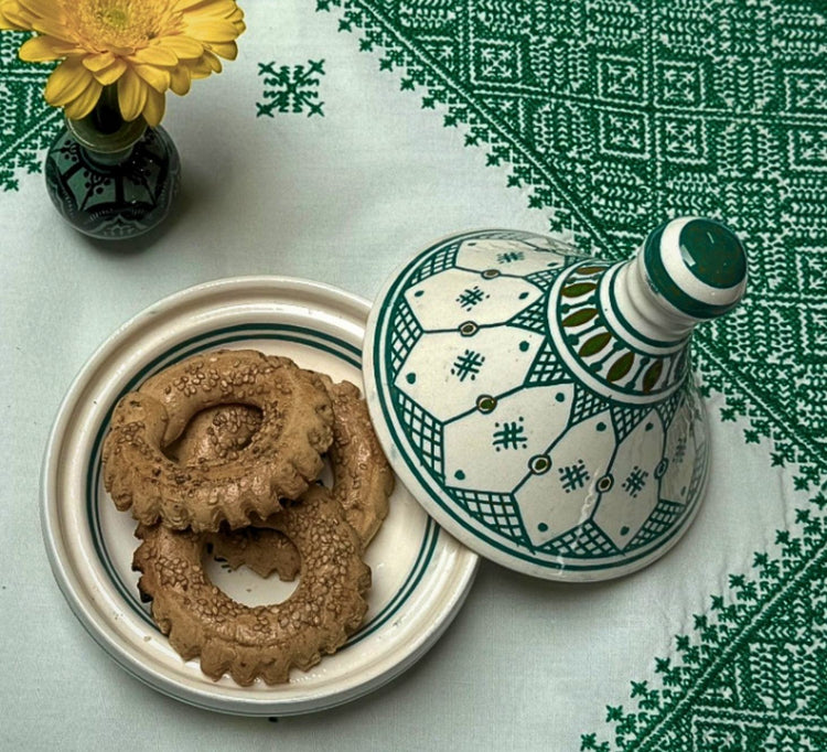 Authentic Handcrafted Green-Patterned Moroccan Ceramic Serving Tagine (13.5cm)