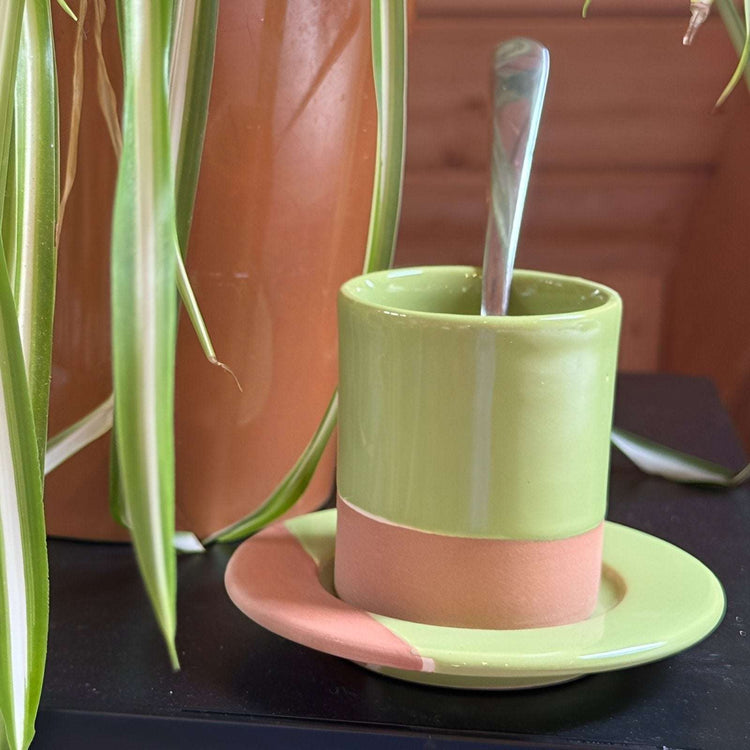 Authentic Hand-made Green Moroccan Ceramic Espresso Cup and Saucer