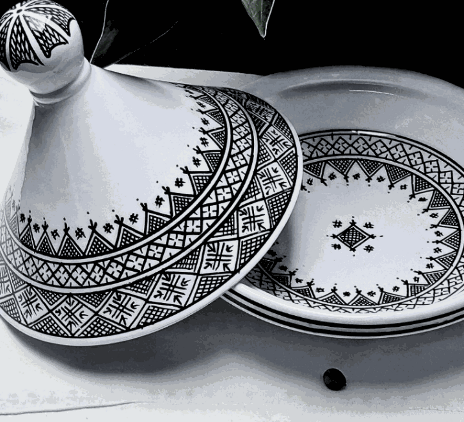 Authentic Handcrafted Black-Patterned Moroccan Ceramic Serving Tagine (22cm)