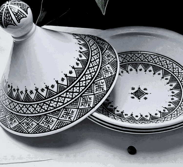 Authentic Handcrafted Black-Patterned Moroccan Ceramic Serving Tagine (22cm)