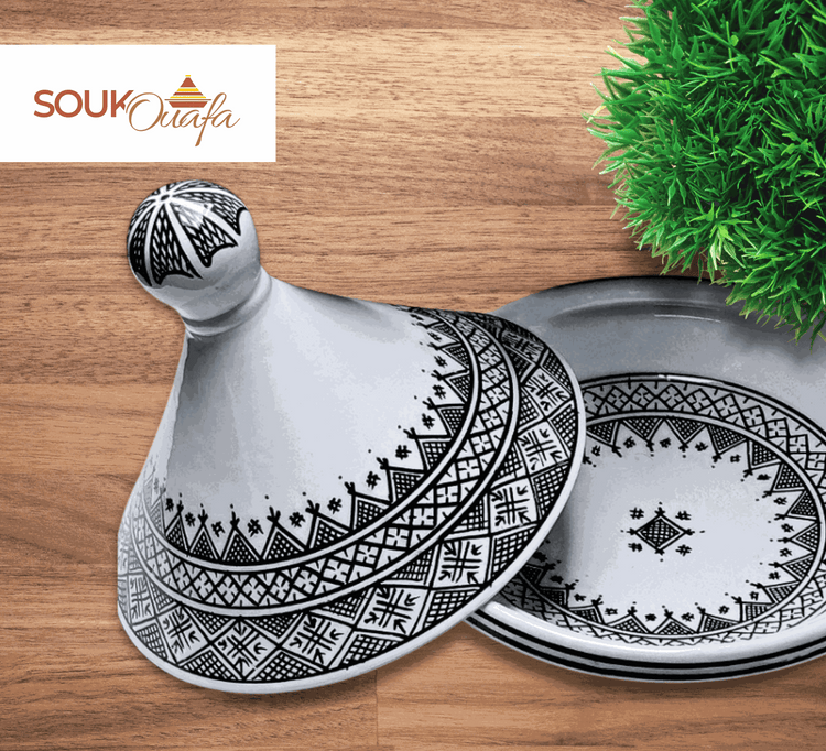 Authentic Handcrafted Black-Patterned Moroccan Ceramic Serving Tagine (22cm)