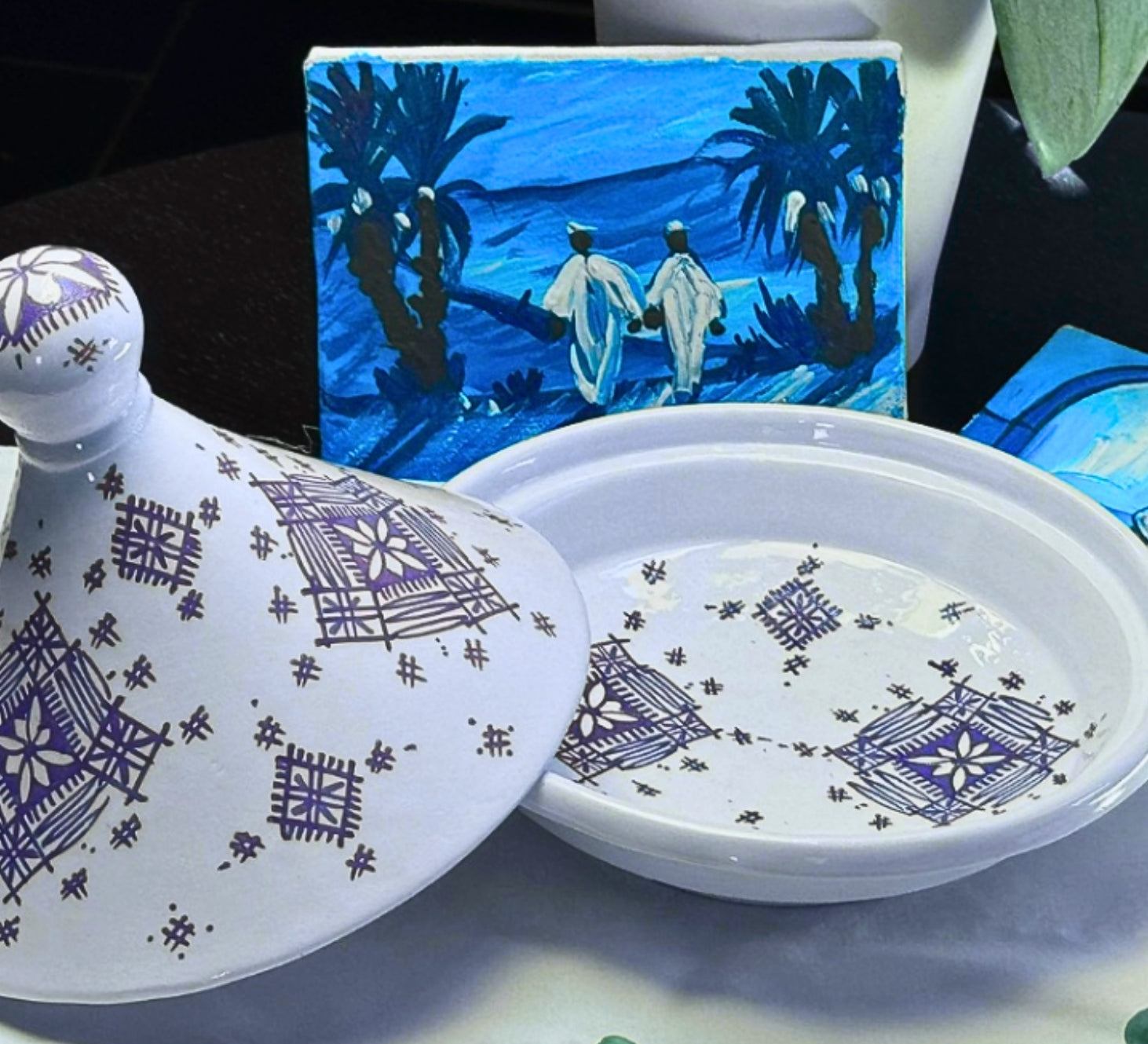 Authentic Handcrafted Blue-Patterned Moroccan Ceramic Serving Tagine (22cm)