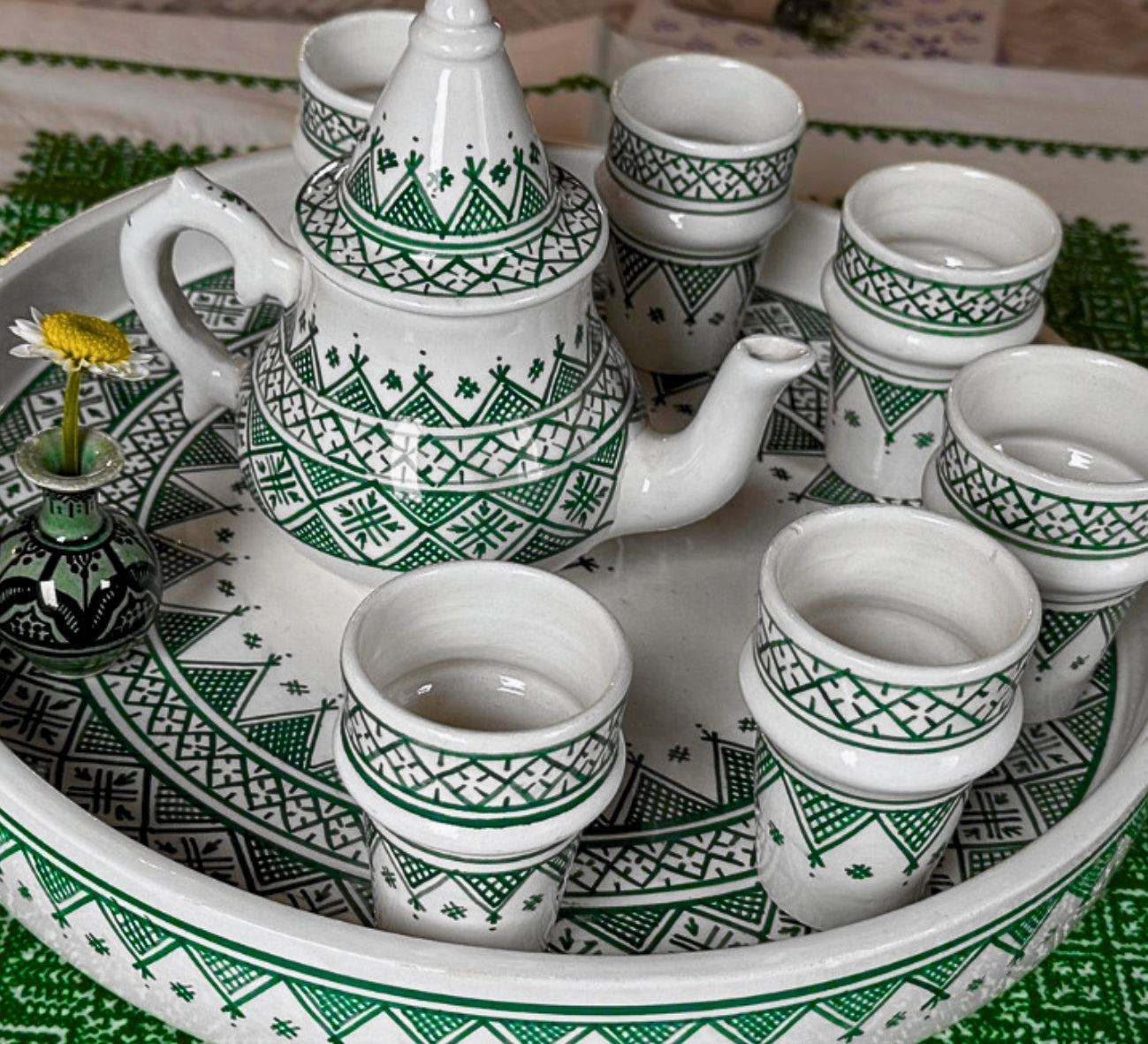 Authentic Handcrafted Green-Patterned Moroccan Ceramic Tea Set – Artisanal Design