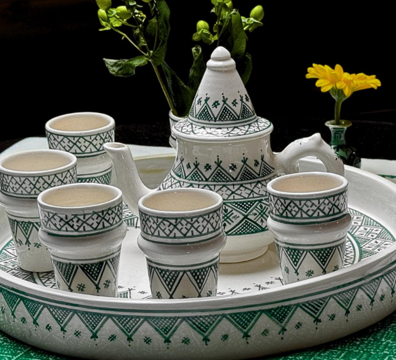 Authentic Handcrafted Green-Patterned Moroccan Ceramic Tea Set – Artisanal Design