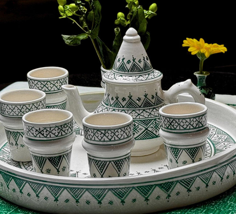 Authentic Handcrafted Green-Patterned Moroccan Ceramic Tea Set – Artisanal Design