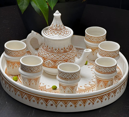 Authentic Handcrafted Moroccan Ceramic Tea Set – Artisanal Light Brown Design