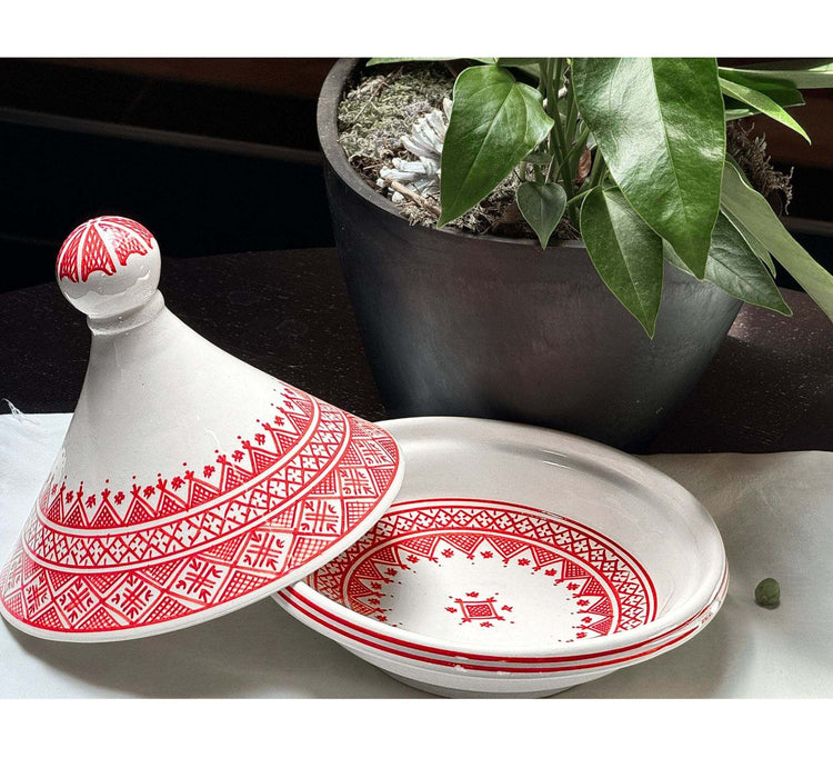 Authentic Handcrafted Red-Patterned Moroccan Ceramic Serving Tagine (22cm)