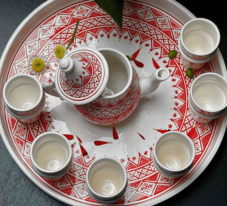 Authentic Handcrafted Red-Patterned Moroccan Ceramic Tea Set – Artisanal Elegance