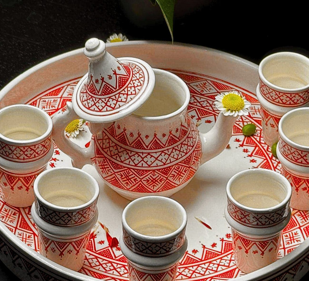 Authentic Handcrafted Red-Patterned Moroccan Ceramic Tea Set – Artisanal Elegance