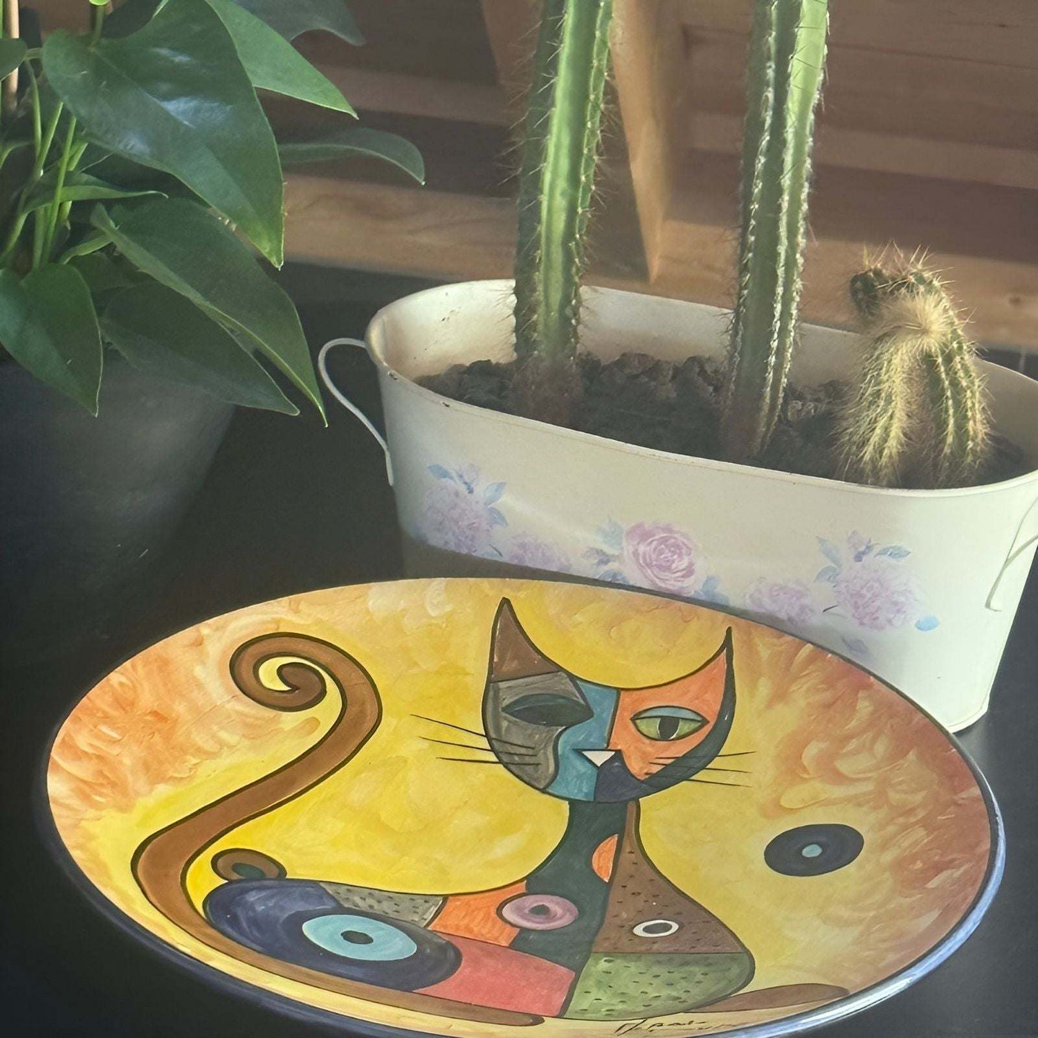 Moroccan Pottery - Hand Painted Plate of Artistic Cat