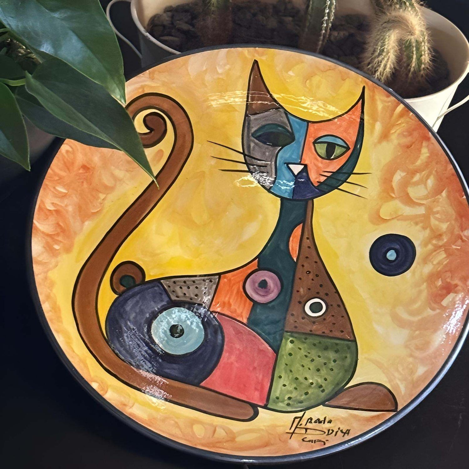 Moroccan Pottery - Hand Painted Plate of Artistic Cat
