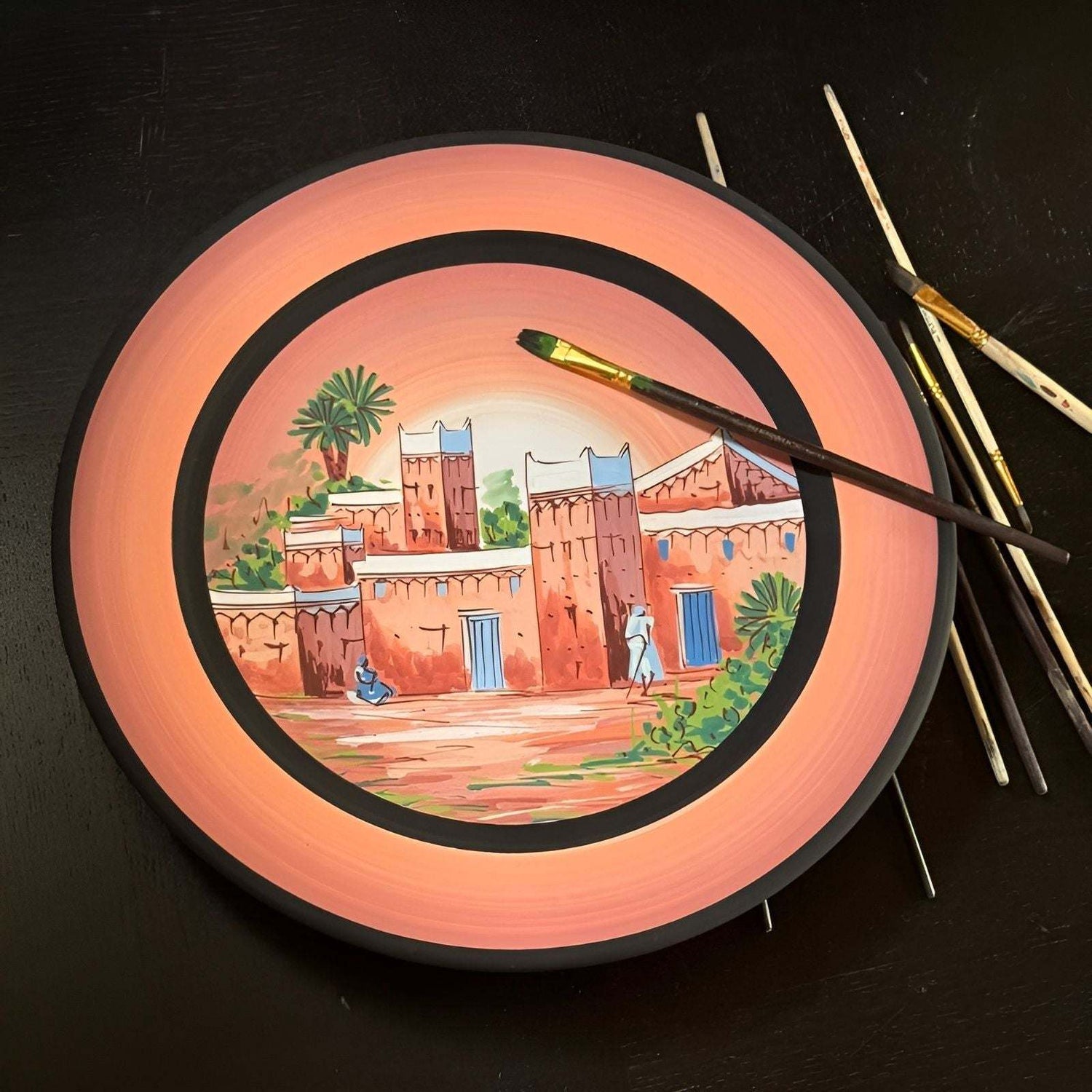 Moroccan Pottery - Hand Painted Plate of Houses Scene