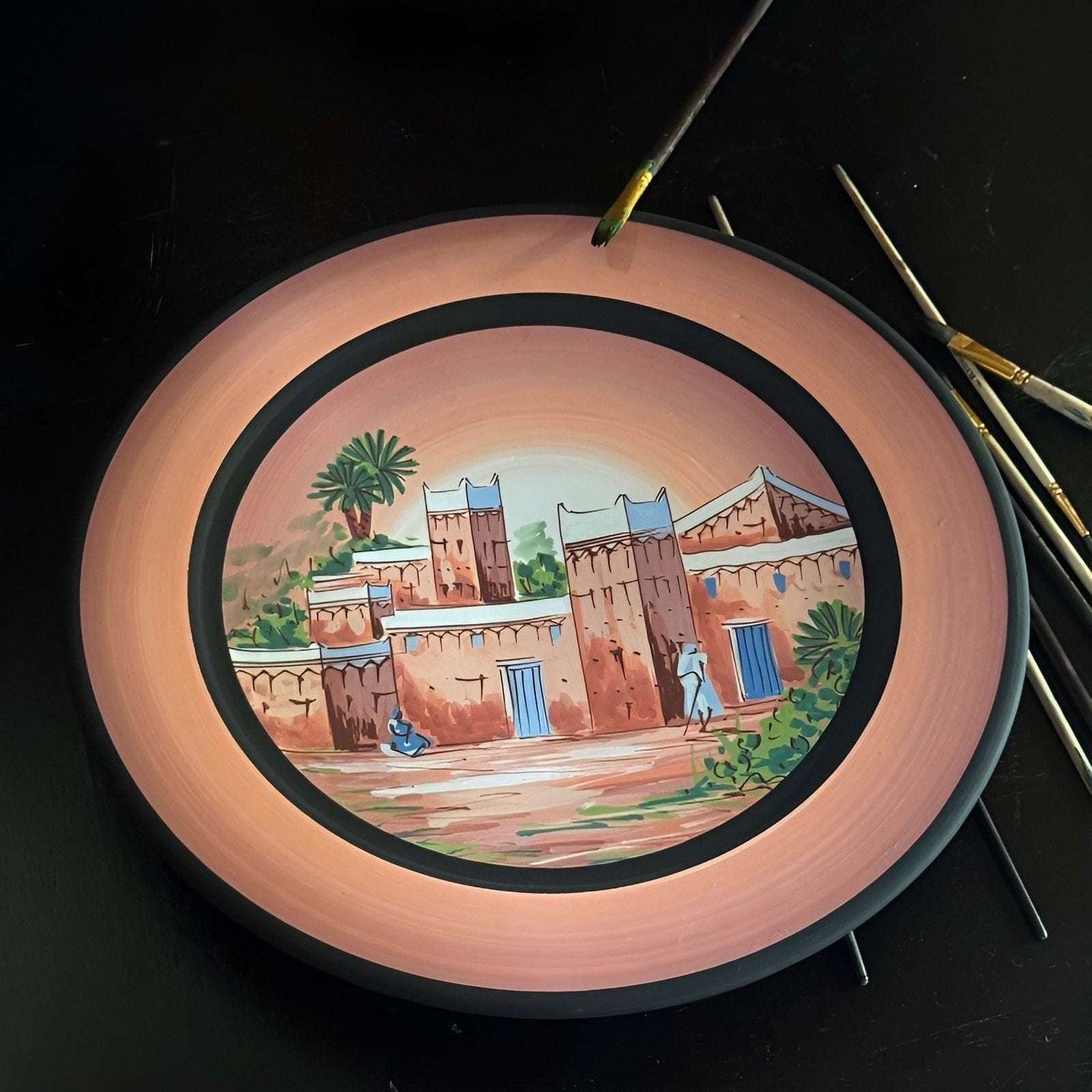 Moroccan Pottery - Hand Painted Plate of Houses Scene