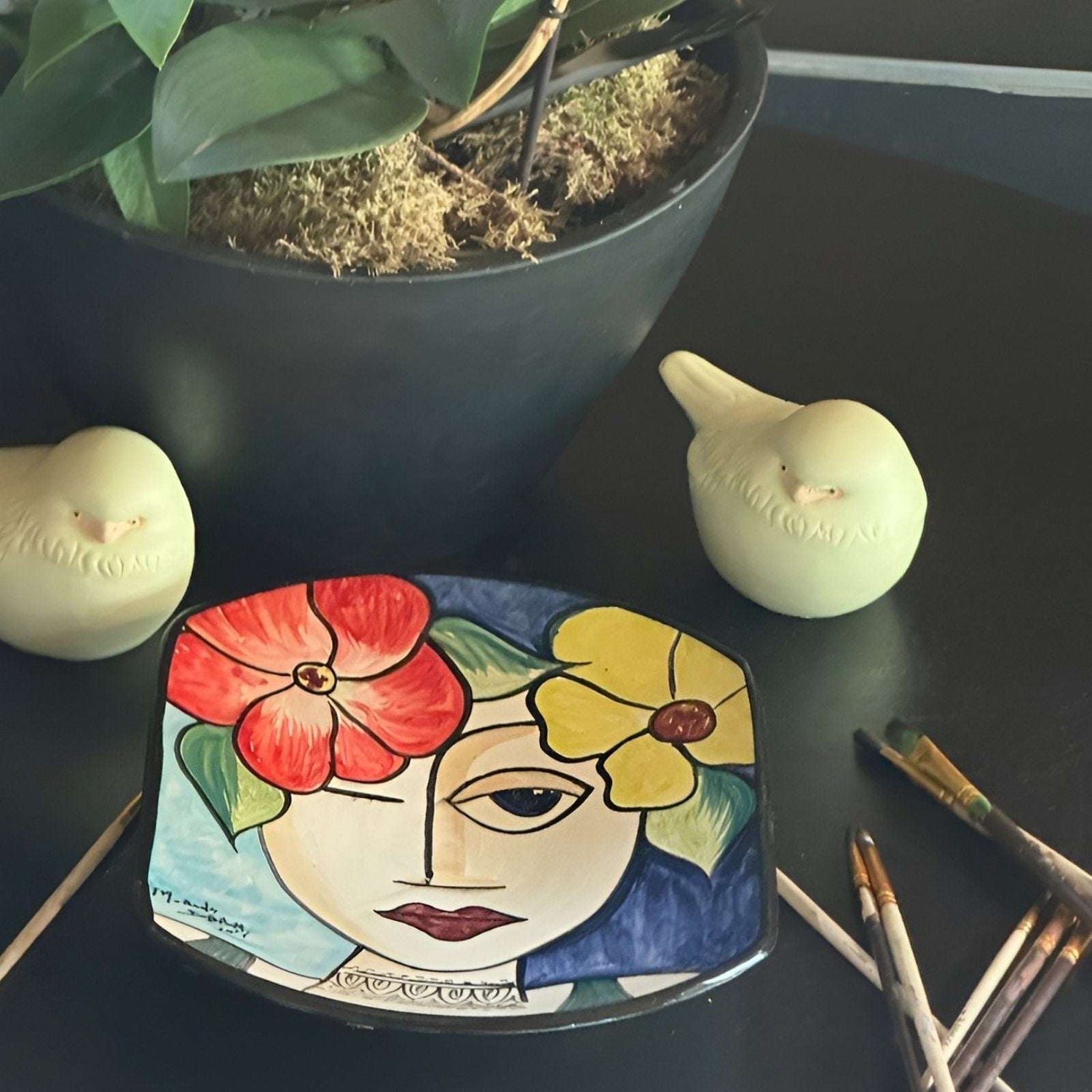 Moroccan Pottery - Hand Painted Rectangular Plate of Woman with Flower in Hair
