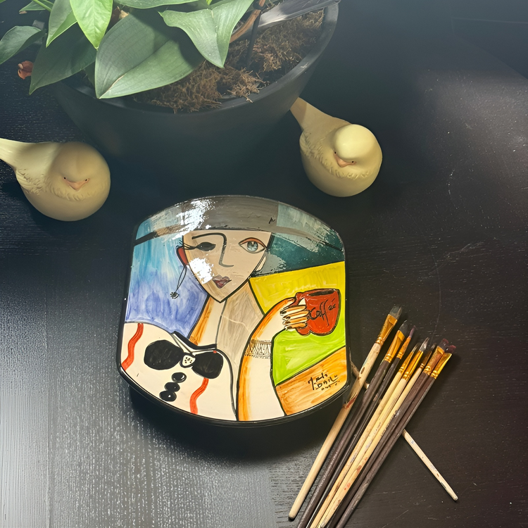 Moroccan Pottery - Hand Painted Rectangular Plate of Woman with Hat