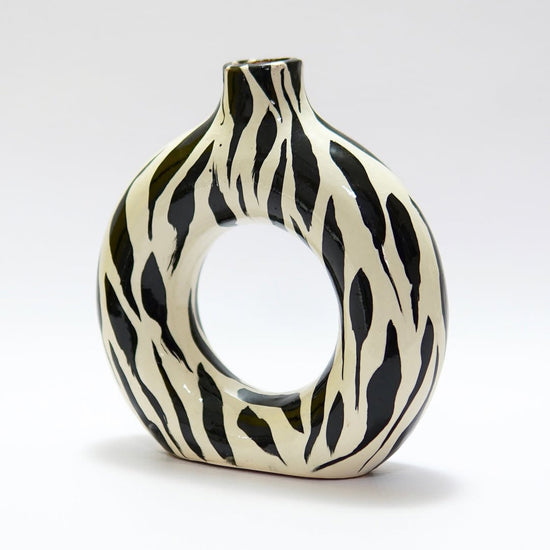 Handmade Zebra Print Ceramic Ring Vase – Modern African-Inspired Home Decor