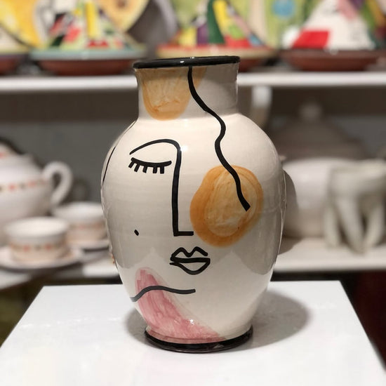 Handmade Round Abstract Face Ceramic Vase – Souk Ouafa Exclusive