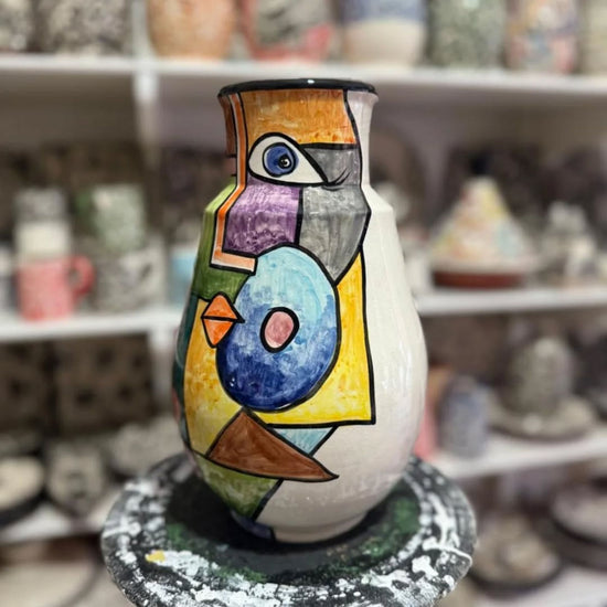 Hand-Painted Moroccan Vase – Abstract Cubist Design